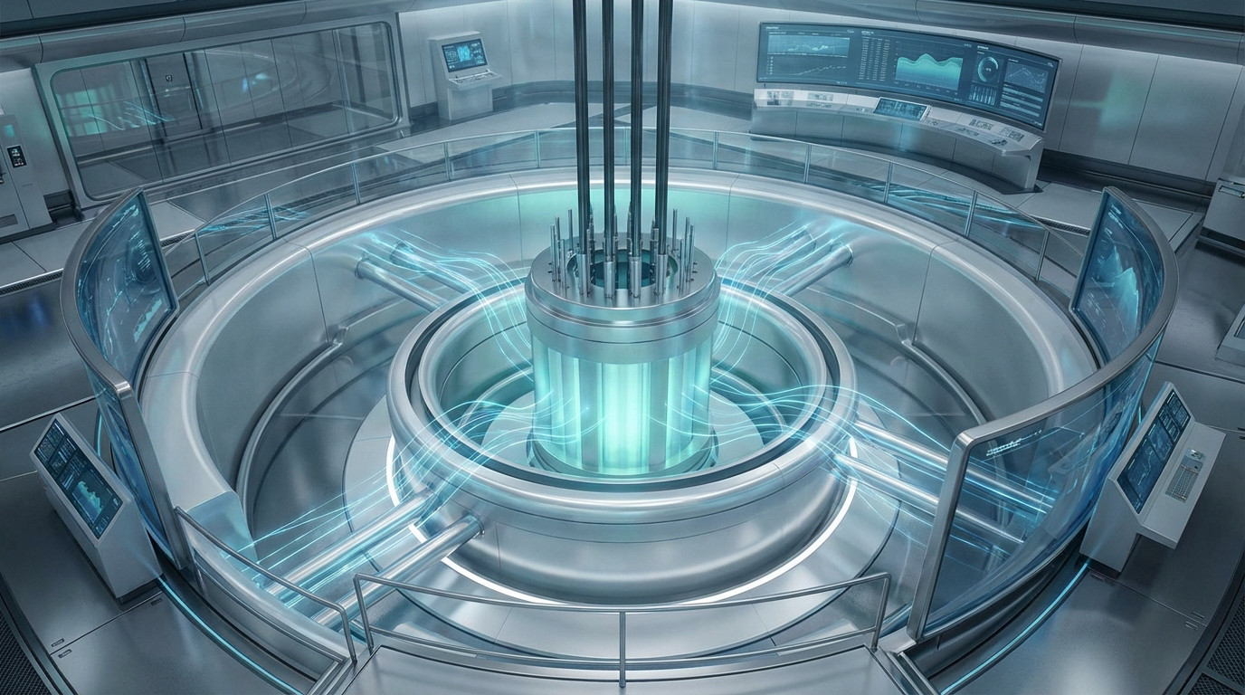 Cœur de réacteur nucléaire futuriste central, avec barres de contrôle et flux d'énergie bleus. Salle de contrôle circulaire high-tech avec écrans affichant des données.