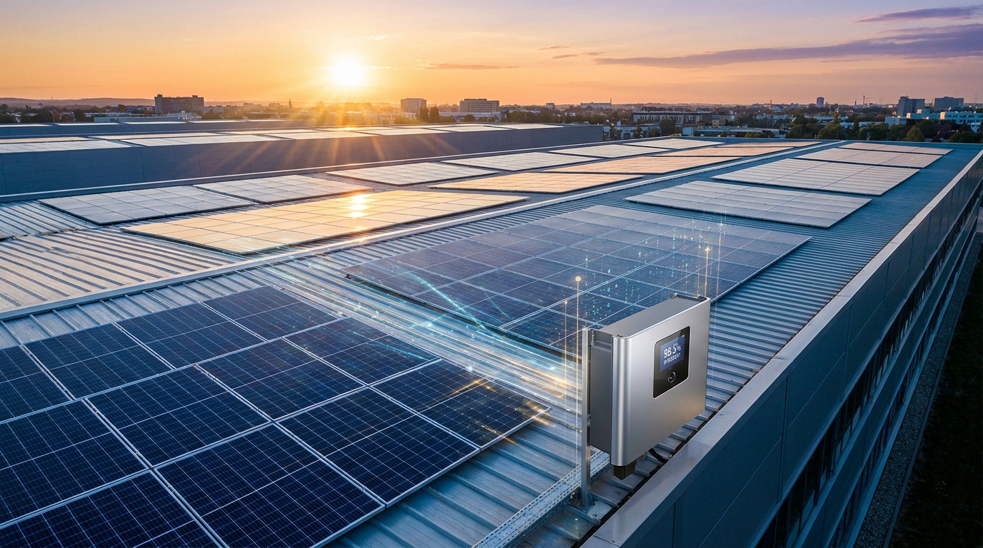 Panneaux solaires et onduleur intelligent sur un toit d'entreprise au lever du soleil, illustrant la performance photovoltaïque B2B.
