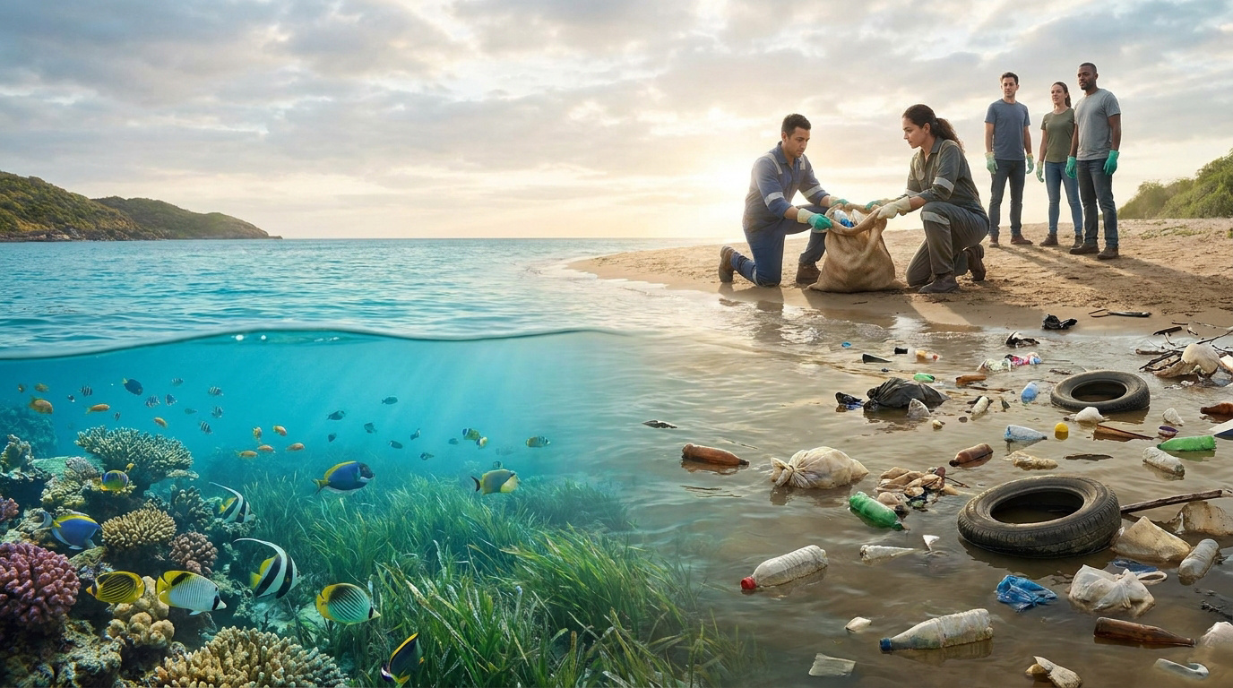 Des bénévoles nettoient une plage jonchée de déchets, contrastant avec un récif corallien sain sous l'eau.