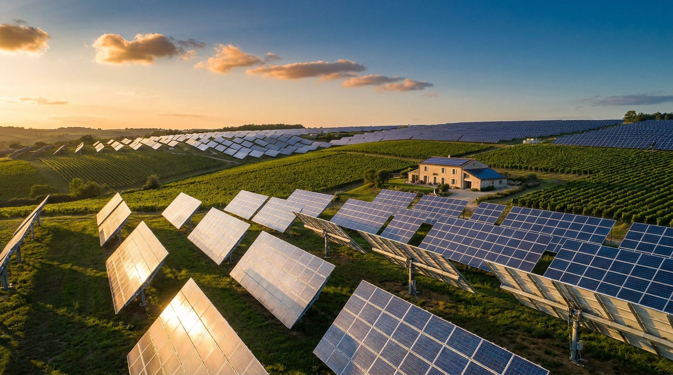 Vaste parc de panneaux solaires et trackers orientés vers le soleil couchant au-dessus d'un domaine viticole.