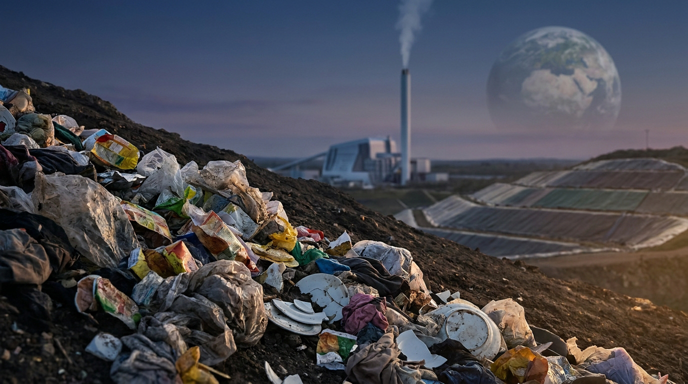 Décharge immense de déchets non recyclables, dont plastiques et vaisselle. Usine fumante, terrasses de décharge et planète Terre au loin.