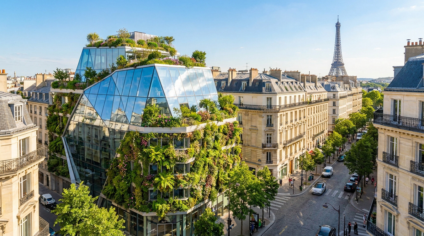 Immeuble moderne à la façade végétalisée au cœur de Paris avec la tour Eiffel en arrière-plan.