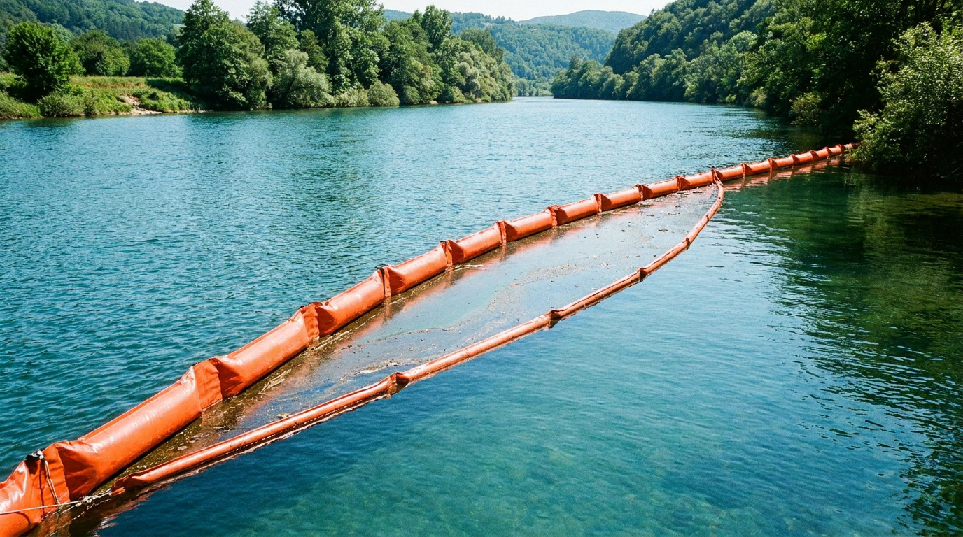 Un long barrage flottant orange retient des débris à la surface d'une rivière bordée d'arbres verdoyants.