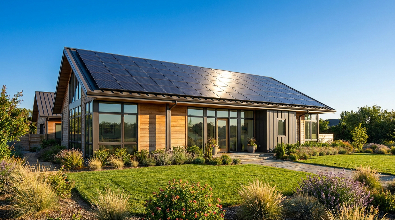 Maison moderne avec toiture équipée de panneaux solaires sous un ciel bleu dégagé.