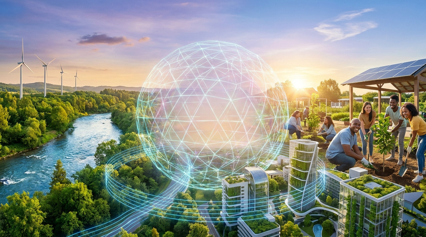 Illustration montrant des gens plantant des arbres devant une ville verte futuriste avec une sphère d'énergie numérique.