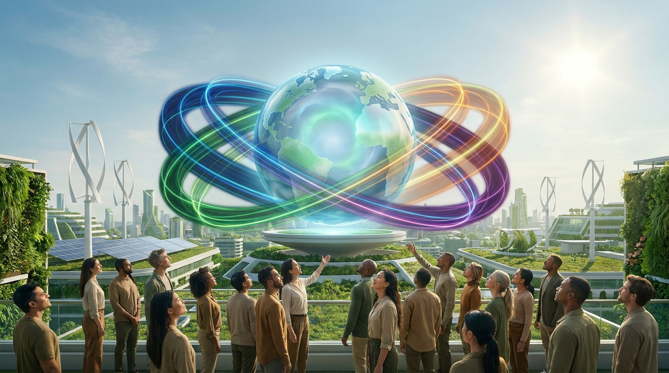 Un groupe de personnes regarde un globe terrestre holographique entouré d'anneaux colorés dans une ville verte futuriste.