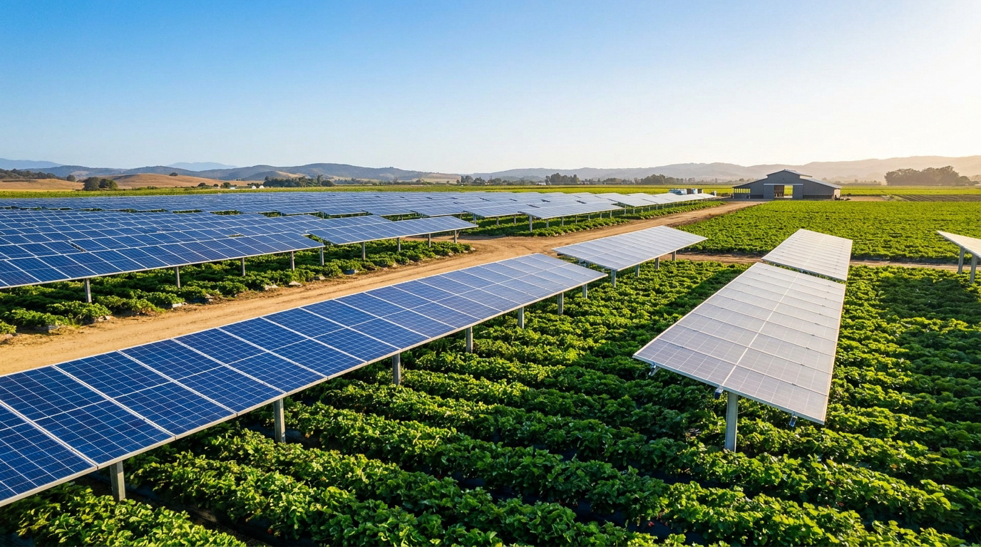 Panneaux solaires surélevés au-dessus de rangées de cultures maraîchères dans un champ ensoleillé.