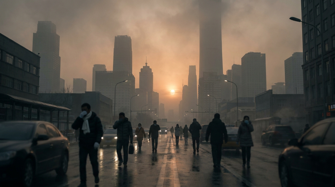 Des piétons marchent dans une rue urbaine dense sous un ciel brumeux et pollué au lever du soleil.
