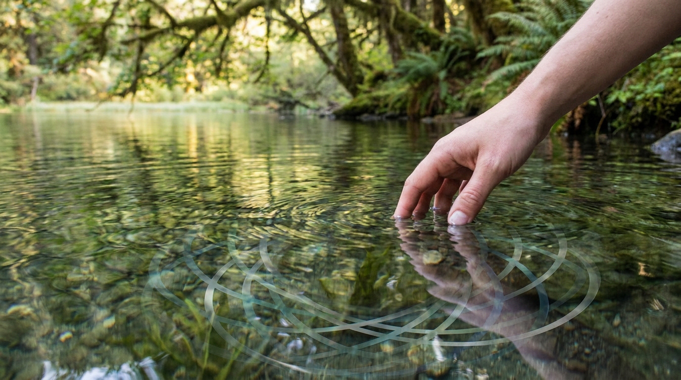Une main touche une rivière où se propagent des ondes numériques circulaires symbolisant la pollution par les PFAS.