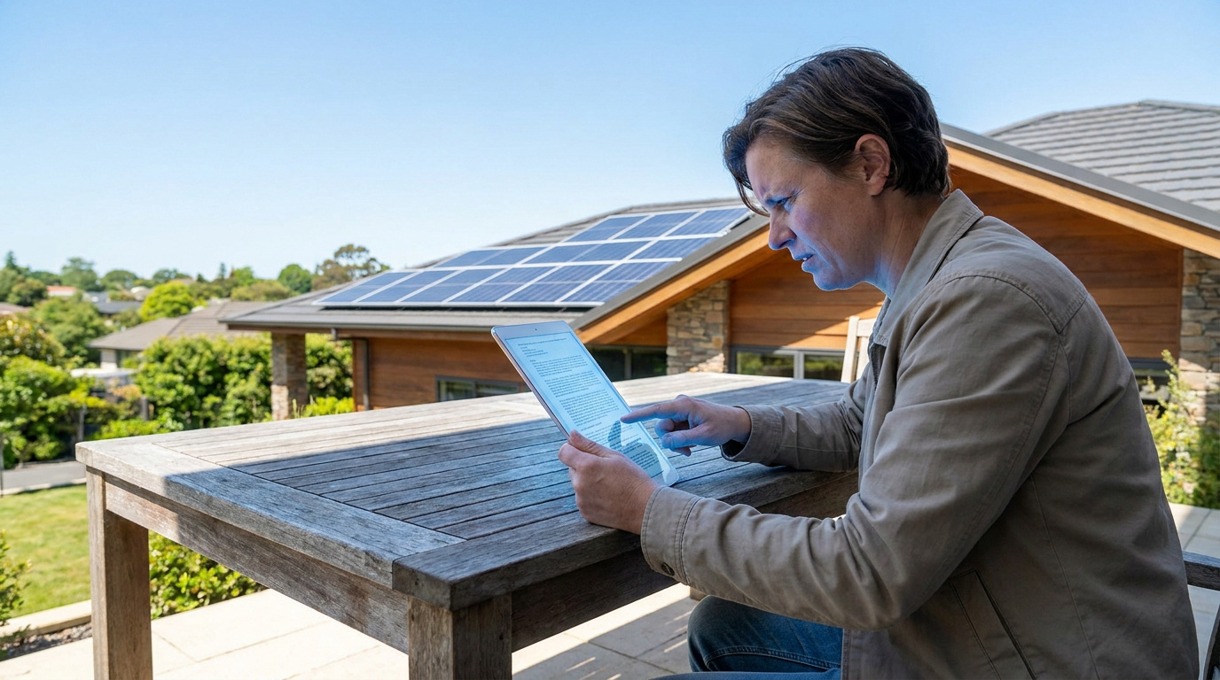 Une personne assise à l'extérieur consulte une tablette devant une maison équipée de panneaux solaires.