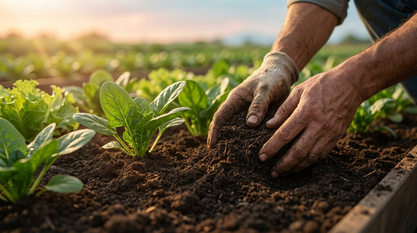 Gros plan sur des mains gantées travaillant la terre autour de jeunes pousses d'épinards dans un potager bio au soleil.