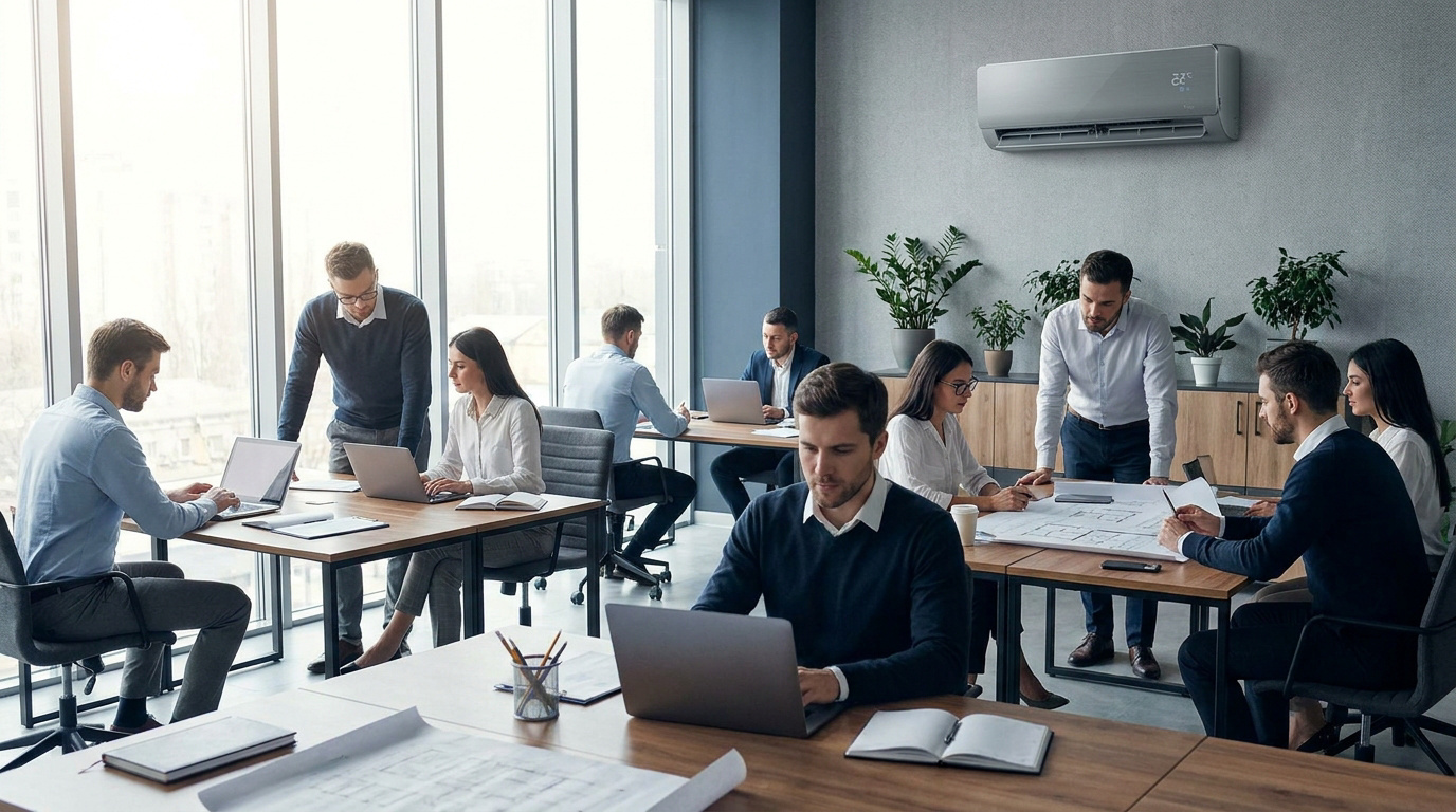 Employés travaillant dans un bureau lumineux équipé d'une climatisation murale moderne.