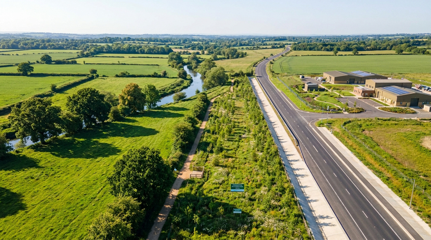Vue aérienne d'une route séparant des champs verdoyants et une rivière d'une zone industrielle en construction.